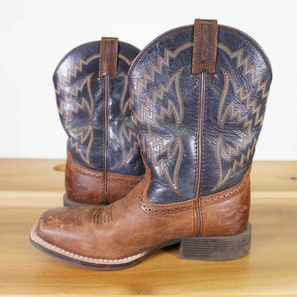 Ariat Western Boots Kids 3 Brown Navy Blue Leather Square Toe Stitched Western